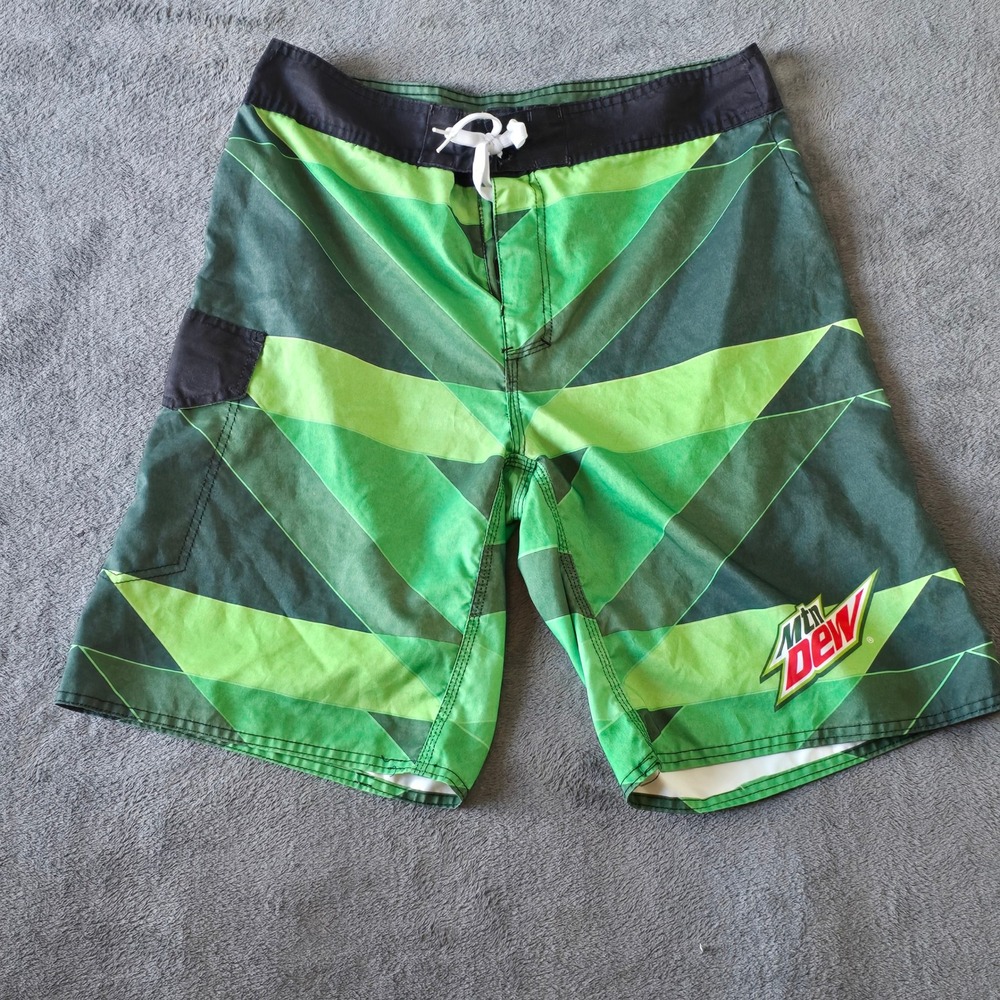 Mountain Dew Men's Board Shorts Size 34 Green Geometric‎ Swim Trunks Logo Pocket